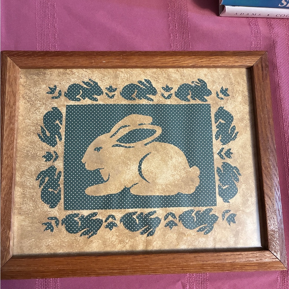 Vintage Framed Bunny Wall Art Stenciled Signed Maggie 2007 Cottagecore